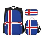 YQxwJL College-Rucksack-Set, Motiv: Flagge von Island, Reise-Tagesrucksack-Set mit Lunchbox, Federmäppchen, für Damen und Herren, Schwarz , Einheitsgröße