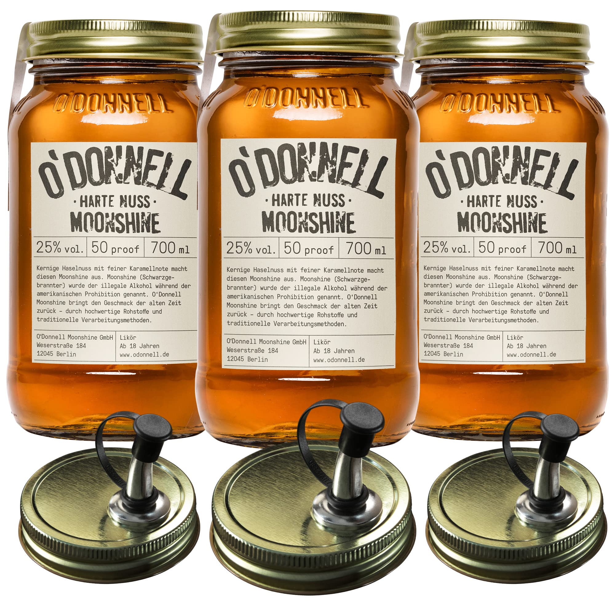 O'Donnell Moonshine Geschenkset | Premium Likör nach amerikanischer Tradition | 3 x 700ml | Natürliche Zutaten | Vegan | mit Ausgießer (3 x Harte Nuss)