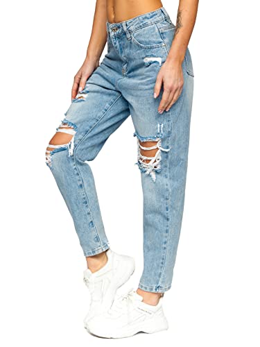 BOLF Damen Jeanshose Jeans Used Look Mom Jeanspants Boyfriend Cut Destroyed Denim Style Regular Fit Freizeit Casual Style WL2101 Blau S [F6F]