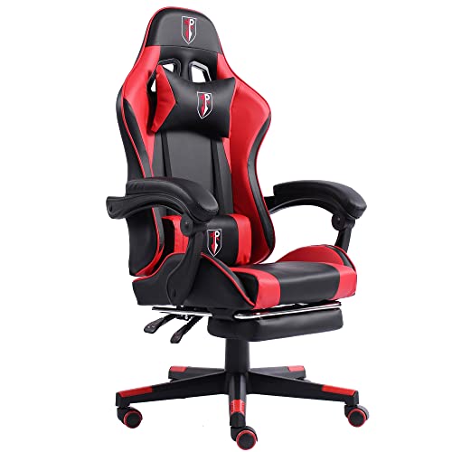 Gaming Chair im Racing-Design mit flexiblen gepolsterten Armlehnen - ergonomischer PC Gaming Stuhl in Lederoptik - Gaming Schreibtischstuhl mit ausziehbarer Fußstütze und extra Stützkissen, Farbe:Schwarz/Rot-Schwarz