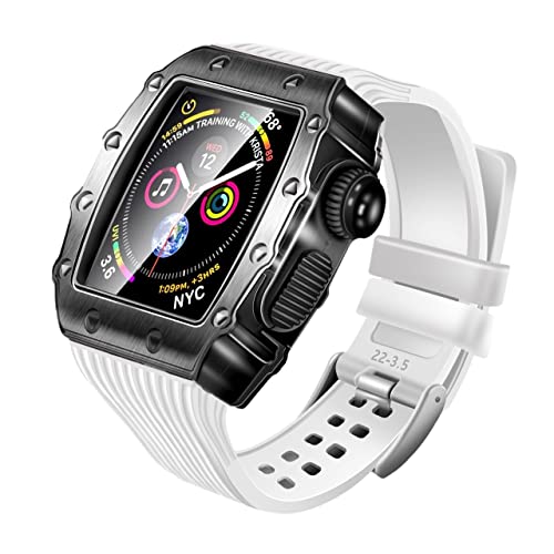 KANUZ Modifikationsarmband für Apple Watch Mod Kit 45, 44 mm, 40 mm, 41 mm, Stoßfänger, Luxus-Hülle, Gummiband, iWatch Serie 7, SE, 6, 5, 4, 3, Set (Farbe: Schwarz-Weiß, Größe: 45 mm)