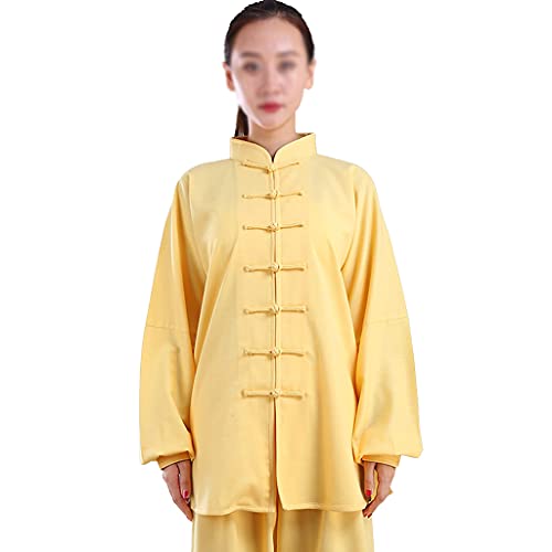 ZHOUXIAO Baumwollleinen Taichi Uniform Frau Stretch Martial Arts Anzug Kung Fu Kleidung Zen Meditation Kleidung Morning Übungen Kleidung Langarm Jacke Hemd Hosen Yellow-L