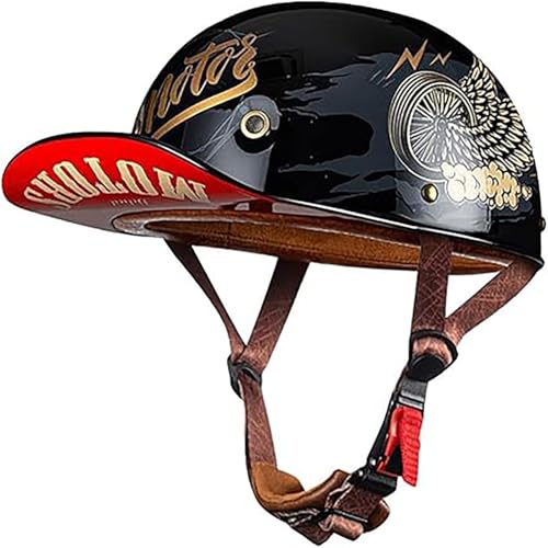 Vintage-Motorradhelm Für Männer Und Frauen, Erwachsene, Offene Motorradhelme, Retro-Halbhelm, Modische Baseballkappe, ECE-Geprüfter Neuartiger Offener Rollerhelm E,XL(61-62) CM