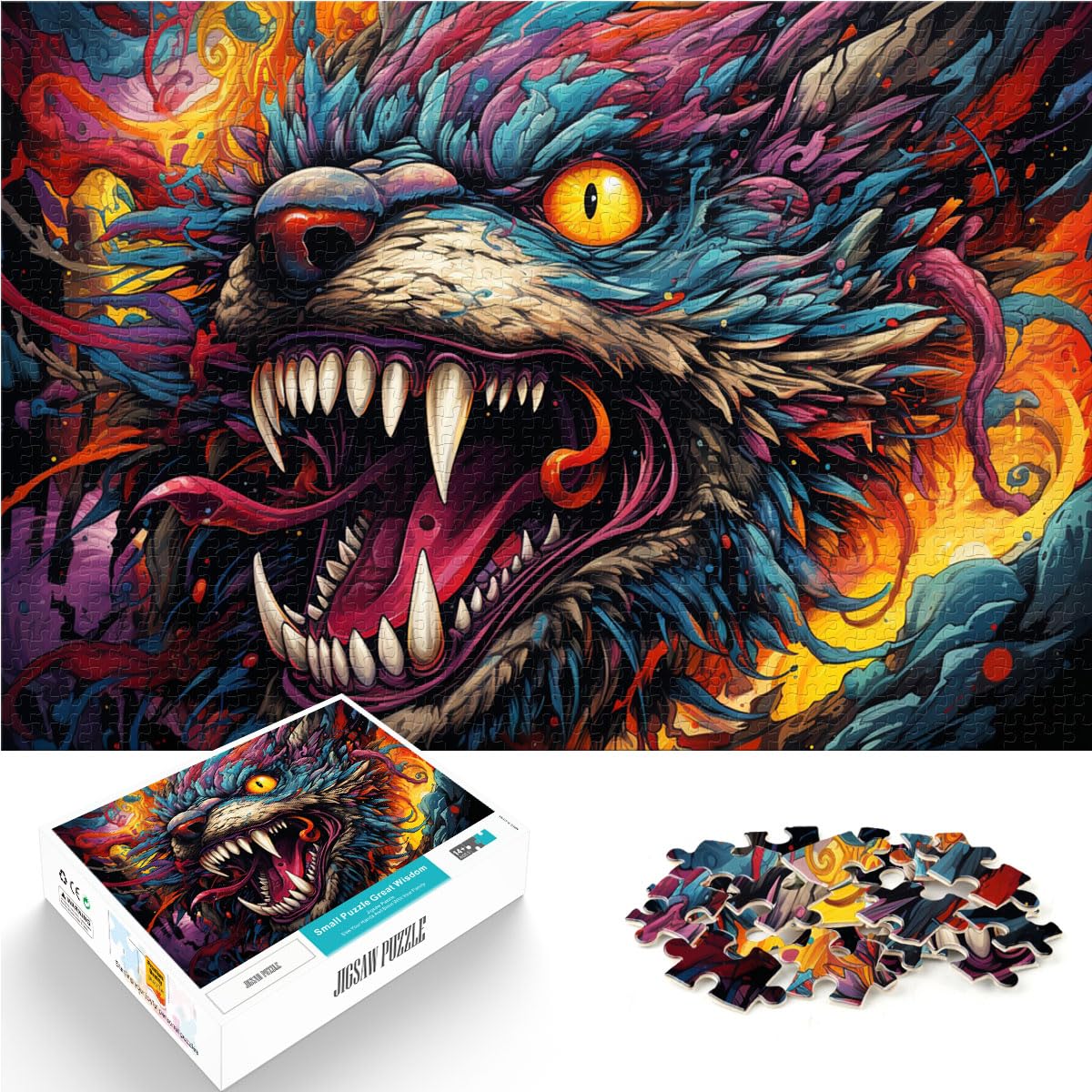 Puzzle zum Verschenken „Die farbenfrohe Psychedelia der mutierten Wölfe“ 1000-teiliges Puzzle für Erwachsene, Holzpuzzle, Spielzeug, Wanddekoration, 1000 Teile (50 x 75 cm)