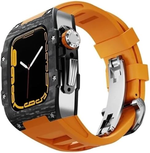 NEYENS Kohlefaser-Uhrengehäuse, fluororiertes Gummiband, für Apple Watch Serie 8/7/6/5/4/SE, 45 mm, 44 mm, Ersatzzubehör, RM-Stil, Metallkrone, Sportarmband, Mod Kit, 45 mm, Achat