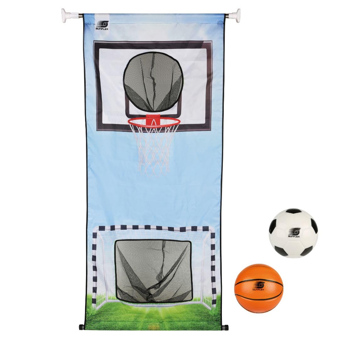 Sunflex® Türwand Set mit Fußball + Basketball | Türvorhang mit Tor und Korb | Kicken und Körbe werfen | Torwand mit Softbällen | Wandspiel Für Kinder indoor | Ballsportarten Spielen