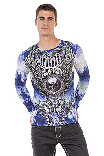 Cipo & Baxx Herren Langarmshirt Longsleeve Batikwaschung Totenkopf Sweatshirt CL471 Blau L