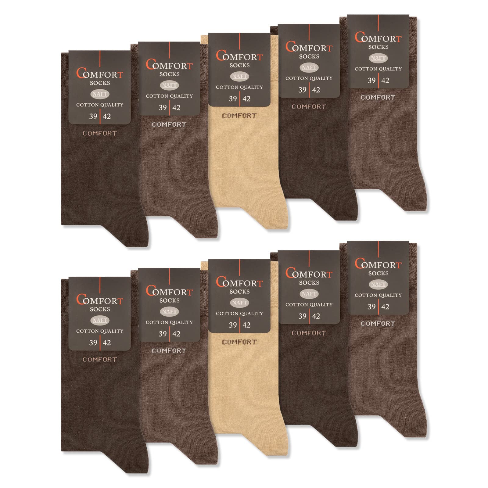 10 Paar Comfort Socken ohne Gummi & ohne Naht Herren & Damen Baumwolle Komfortbund 13100 (Beige Braun 43-46)