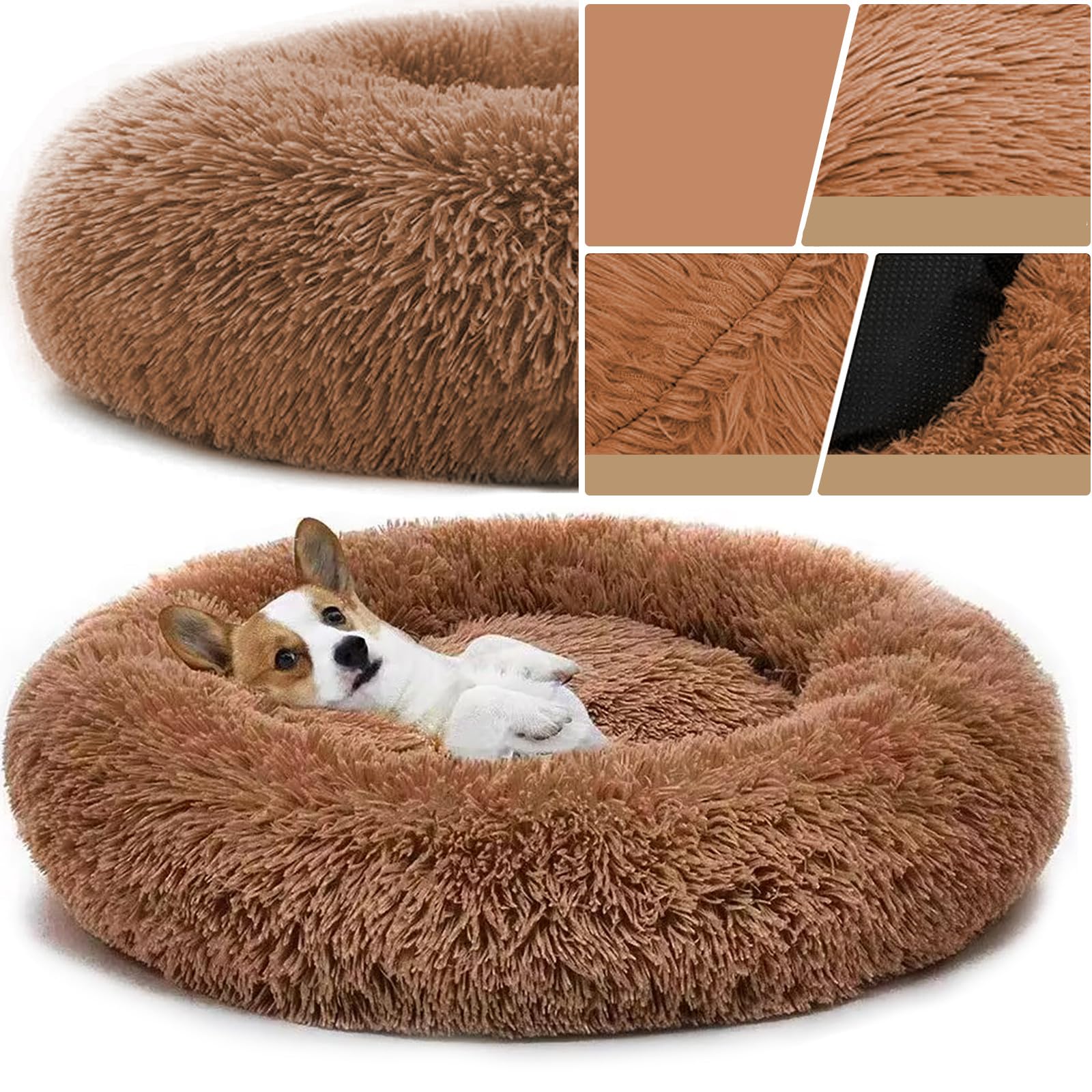 YUNDONGBA Hundebett waschbar, mit waschbarem Bezug, Hundekissen, Hundekorb, Katzenbett, Flauschiges Hundebett Donut Kissen für große mittelgroße kleine Hunde (Khaki, 90CM)