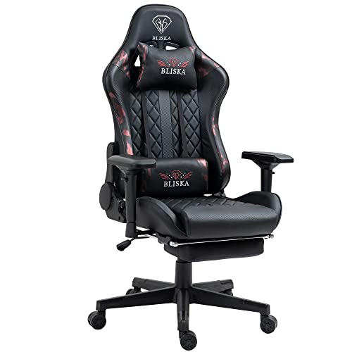 Gaming Stuhl mit Fußstütze und ergonomsichen 4D-Armlehnen - gaming chair in Sportsitz Optik - Gamer Stuhl mit verstellbaren Rückenstützkissen für gesündere Sitzhaltung, Farbe:Schwarz/Military -Rosa