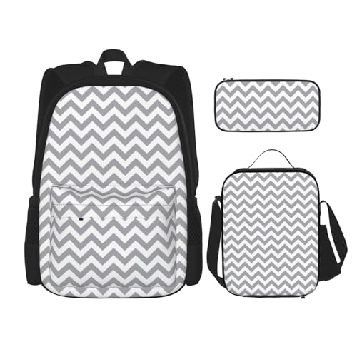 WURTON Graue Wellen, gestreifter Druck, verstellbare Schultergurte, Rucksack-Set, Lunchtasche, Federmäppchen, Kombinationstaschen-Set