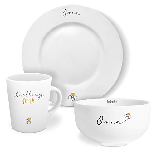 mintkind® Geschirr Set Lieblingsoma: Kaffeetasse mit Teller und Schale - in weiß mit Echtgold-Dekor - Tolle Geschenke für Oma von Tochter, Sohn und Enkel