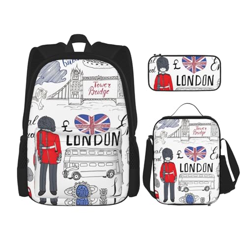 WURTON I Love London 3-in-1 Büchertaschen-Set, verstellbarer Schulter-Rucksack, Lunch-Tasche, Federmäppchen, Beutelbox, Schwarz, Einheitsgröße