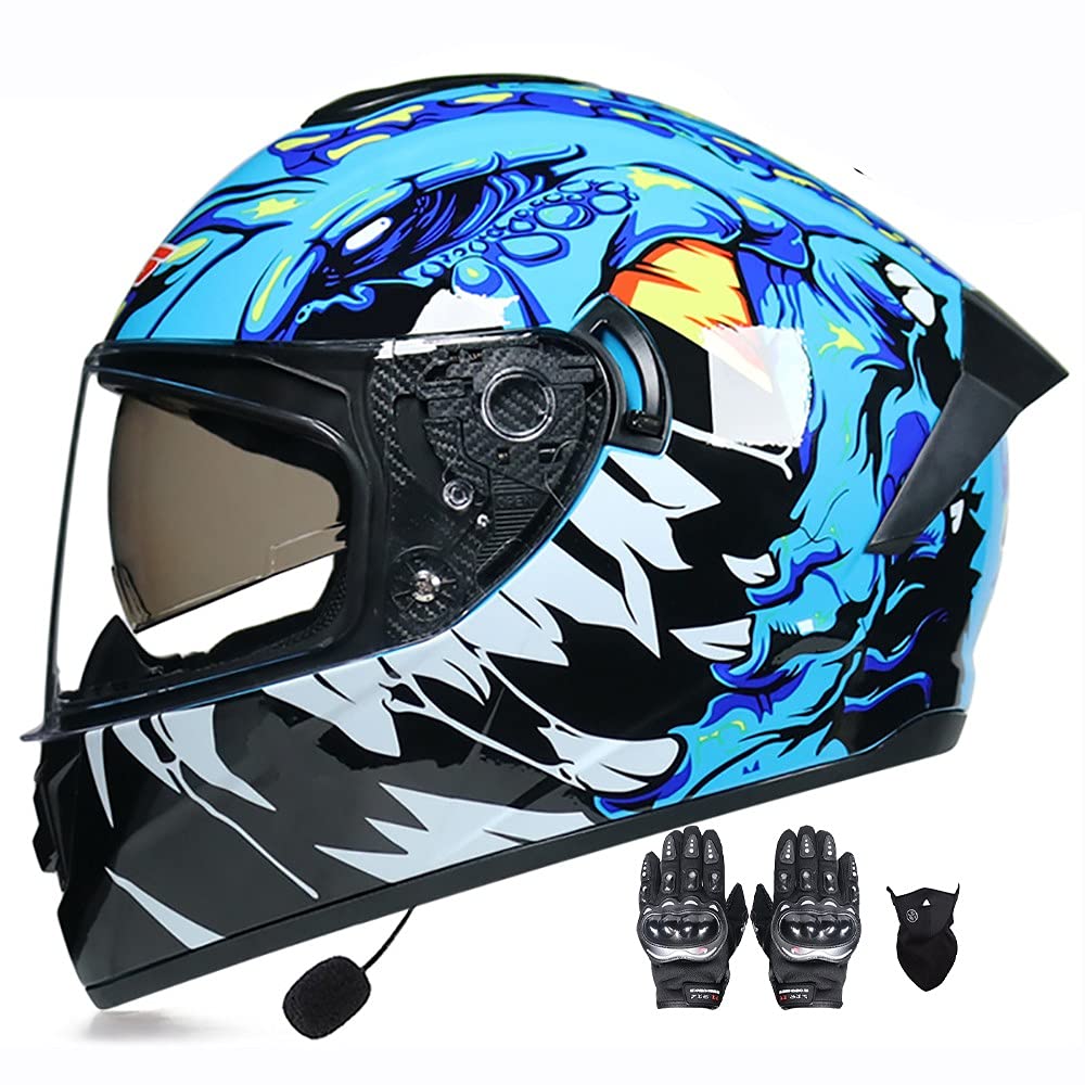 Letetexi Motorradhelm mit Bluetooth Bluetooth-Helm Helm Full Face Integralhelm ECE Genehmigt Scooter-Helm Motorradhelm Doppelvisier mit Mikrofon für Automatisches Handschuhe Maske 55~62cm