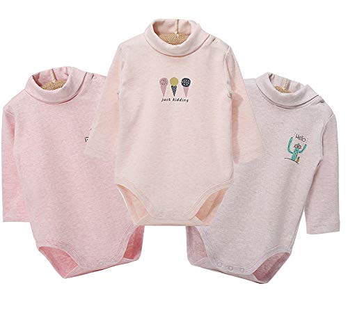 Blueleyu Babybody mit langen Ärmeln, Rollkragen, 100 % Baumwolle, 4er-Pack, 3 Stück (rosa Serie), 86