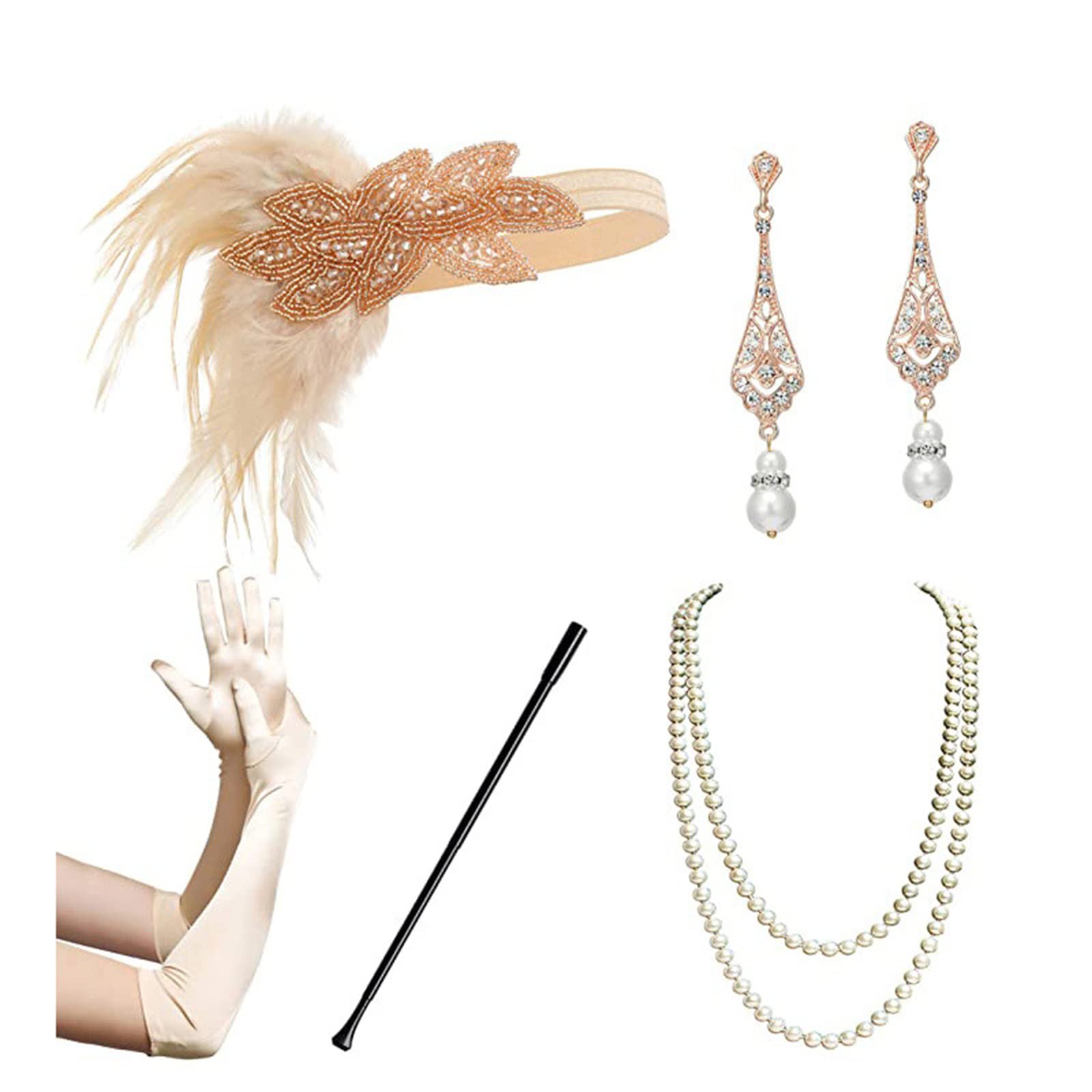 SANRLO Stirnbänder, Haar-Accessoires für Damen, Flapper-Accessoires für Damen, 1920er-Jahre, Gatsby-Kostüm-Accessoire, brüllende 20er-Jahre, Flapper-Stirnband, Ohrringe, Handschuhe, Halsketten-Set