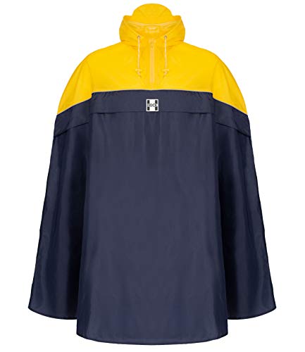 HOCK Fahrrad Regenponcho mit praktischer Rucksackfalte – Fahrradponcho 100% Wasserdicht mit Reflektor – Herren Damen Regencape – Hochwertige Regenbekleidung Regenschutz (Marine/gelb, XXL)