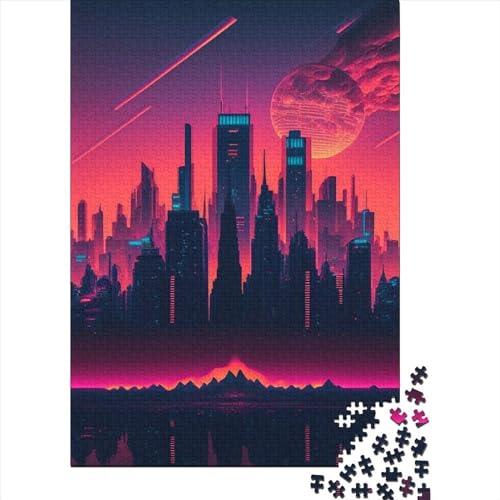 Synthwave City Holzpuzzle Puzzles für Erwachsene und Jugendliche 1000 Teile Puzzles für Erwachsene Denksportaufgaben für Erwachsene 29,53x19,69 Zoll