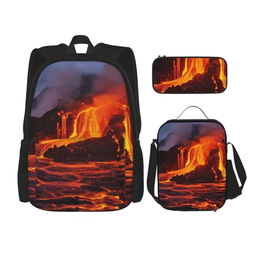 DENMER Mehrzweck-Schultasche mit pinkem Flamingo am Strand, mit passendem Federmäppchen und Lunchtasche, stilvolle All-in-One-Lösung, Kilauea Volcano, Einheitsgröße