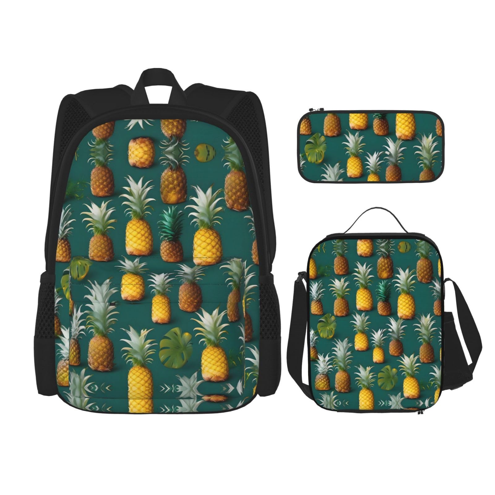 WURTON Tropical Fruit Paradise Print Travel Lunch Box Pencil Case Backpack Set 3 Pieces Adjustable Straps Lightweight, Black, One Size