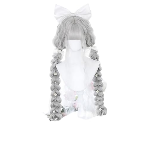 AnimeKostüm,Cosplay Perücke, Kunsthaar, 120 cm lang, lockig, blond, schwarz, Harajuku-Perücke mit Pony, Perücken for Damen, hitzebeständig(Gray)