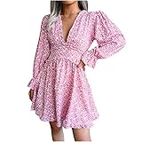 Sommerkleid Mädchen Ballonärmel Swing Midi Kleider Damen Floral Plissee Kleid Dekolletiert Elegante Kleider Damen Kleid Abendkleider Klamotten Teenager Mädchen Geschenke für Frauen Strandkleid Dress