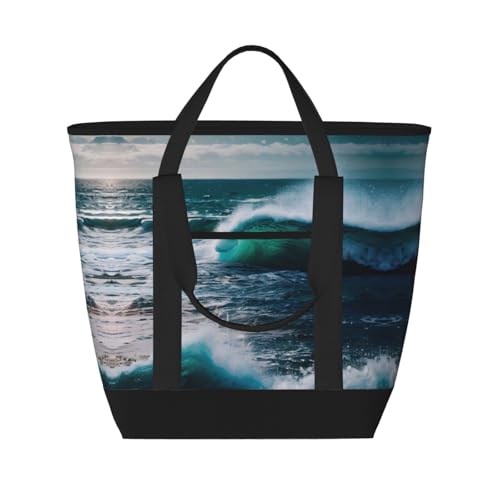 YQxwJL Isolierte Kühltasche mit Meerwasserdruck, großes Fassungsvermögen, Einkaufstasche, Reisetasche, Strand, wiederverwendbare Einkaufstasche für Erwachsene, Schwarz, Einheitsgröße