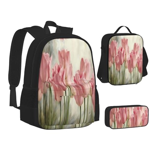 WURTON Lunchbox-Set mit rotem Tulpenmuster, 3-in-1-Rucksack und Federmäppchen, passende Kombination, Schwarz, Einheitsgröße