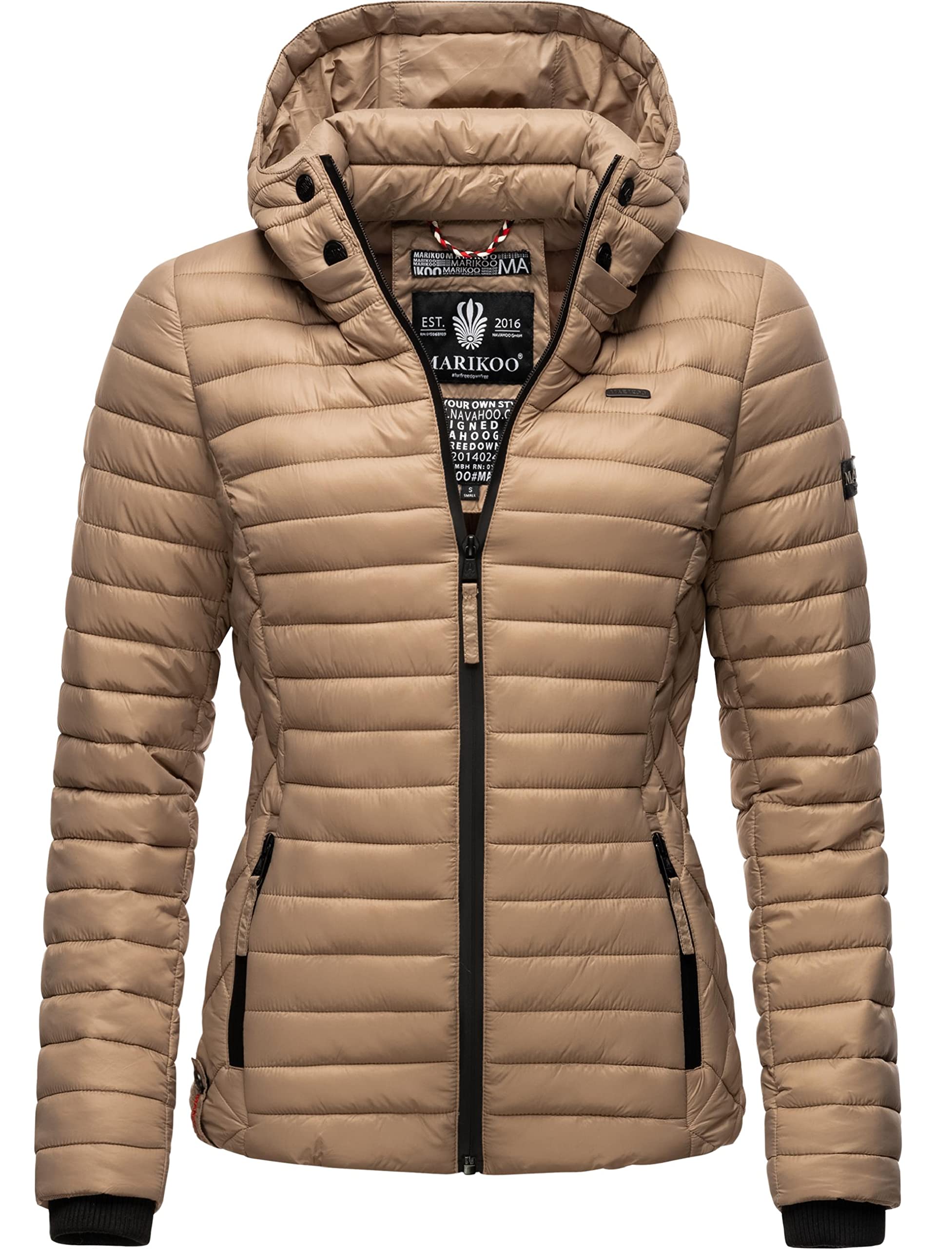 MARIKOO Damen leichte Übergangsjacke Steppjacke mit Kapuze Samtpfote Taupe Grey Gr. M