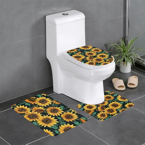 Wurton Badezimmerteppich-Set mit Sonnenblumen-Druck, Polyester, stilvoll, funktional, 3 Stück