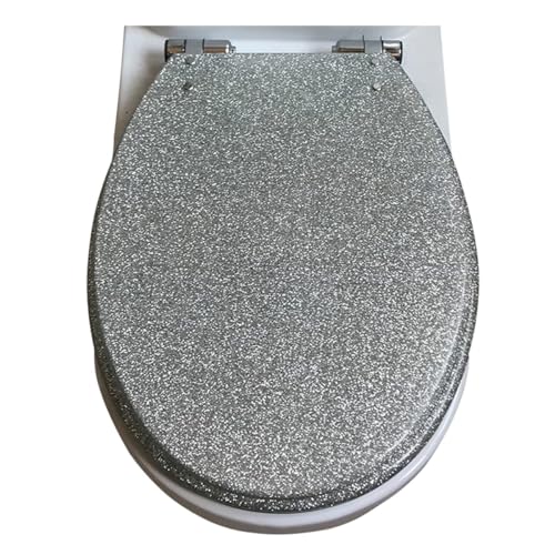 Dazzluxe Glitzernder Toilettensitz, Runder 16,5-Zoll-Toilettensitzbezug Mit Langsam Schließendem Toilettendeckel, Schnellverschluss, Rutschfeste Toilettensitze Aus Sicherem Harzmaterial,Silber