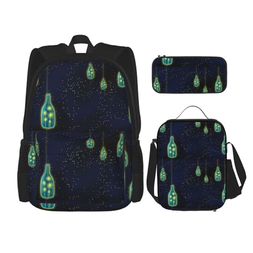 WURTON Schöne 3-in-1 Büchertaschen-Set, Motiv: "Under the Night Sky" mit Aufdruck "Under the Night Sky", verstellbarer Schulterrucksack, Lunch-Tasche, Federmäppchen, Beutel, Schwarz, Einheitsgröße