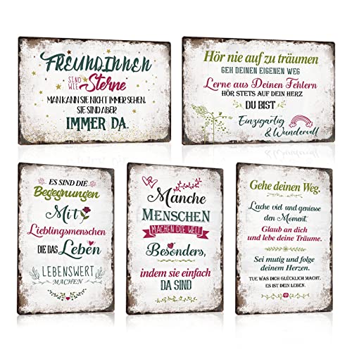 5er Set Blechschild sprüche - GEH DEINEN WEG - FREUNDINNEN SIND WIE STERNE - Begegnungen Mit Lieblingsmenschen - Vintage Schild Wand Dekoration Metallschild Türschild Geschenk 20x30cm