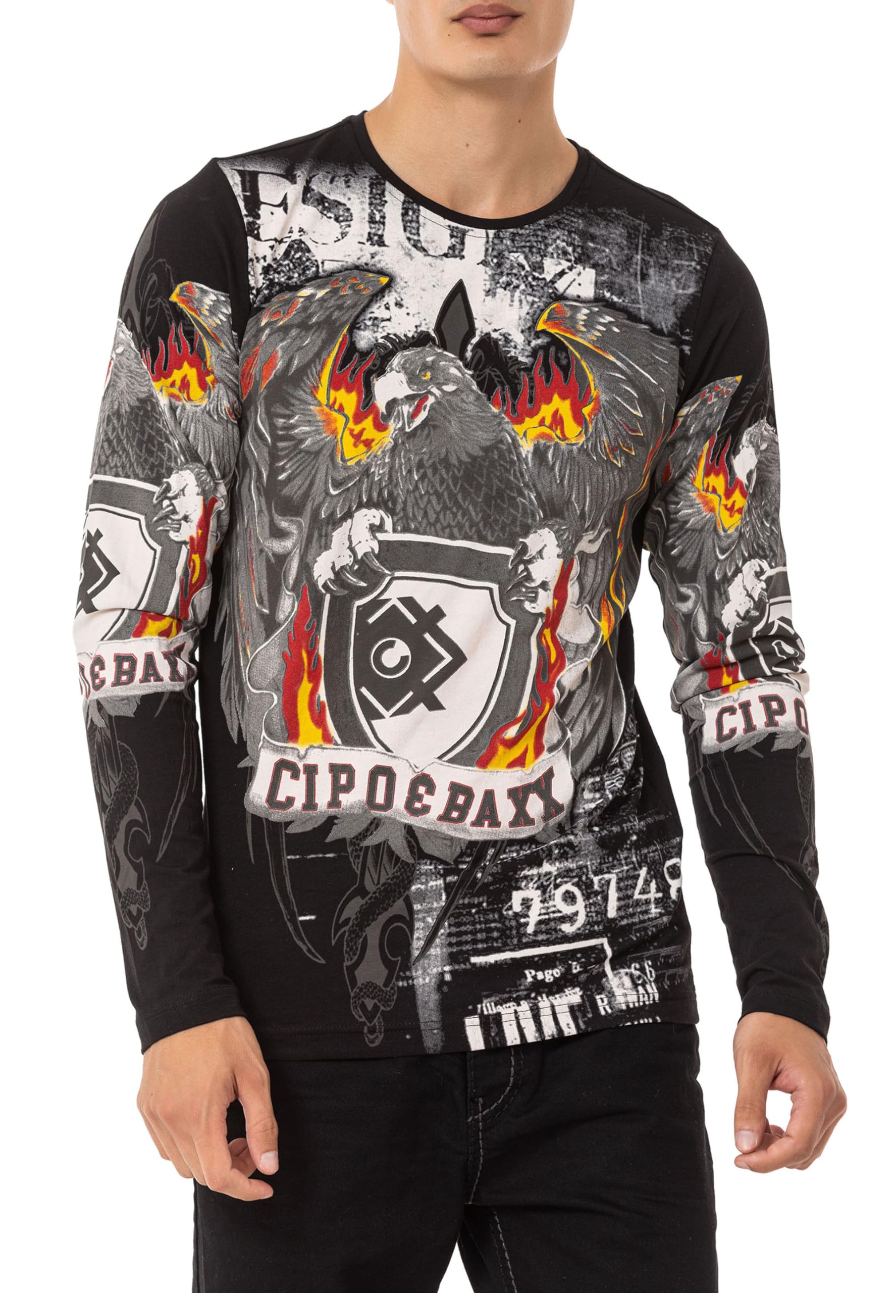 Cipo & Baxx Herren Longsleeve Print Langarmshirt Rundhalsausschnitt Sweatshirt Pulli Sweater CL553 Schwarz M