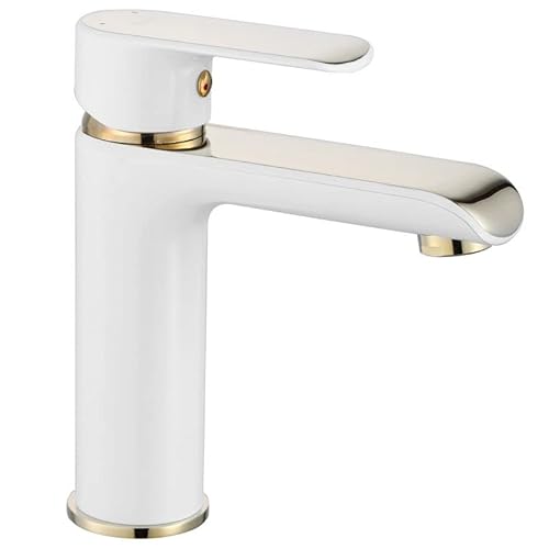 Rea Waschtischarmatur BLOOM WHITE GOLD BAS Wasserhahn Bad Badarmatur aus Messing Armatur für Waschbecken Badezimmer Mischbatterie Waschbecken Einhebel (Weiß/Gold)