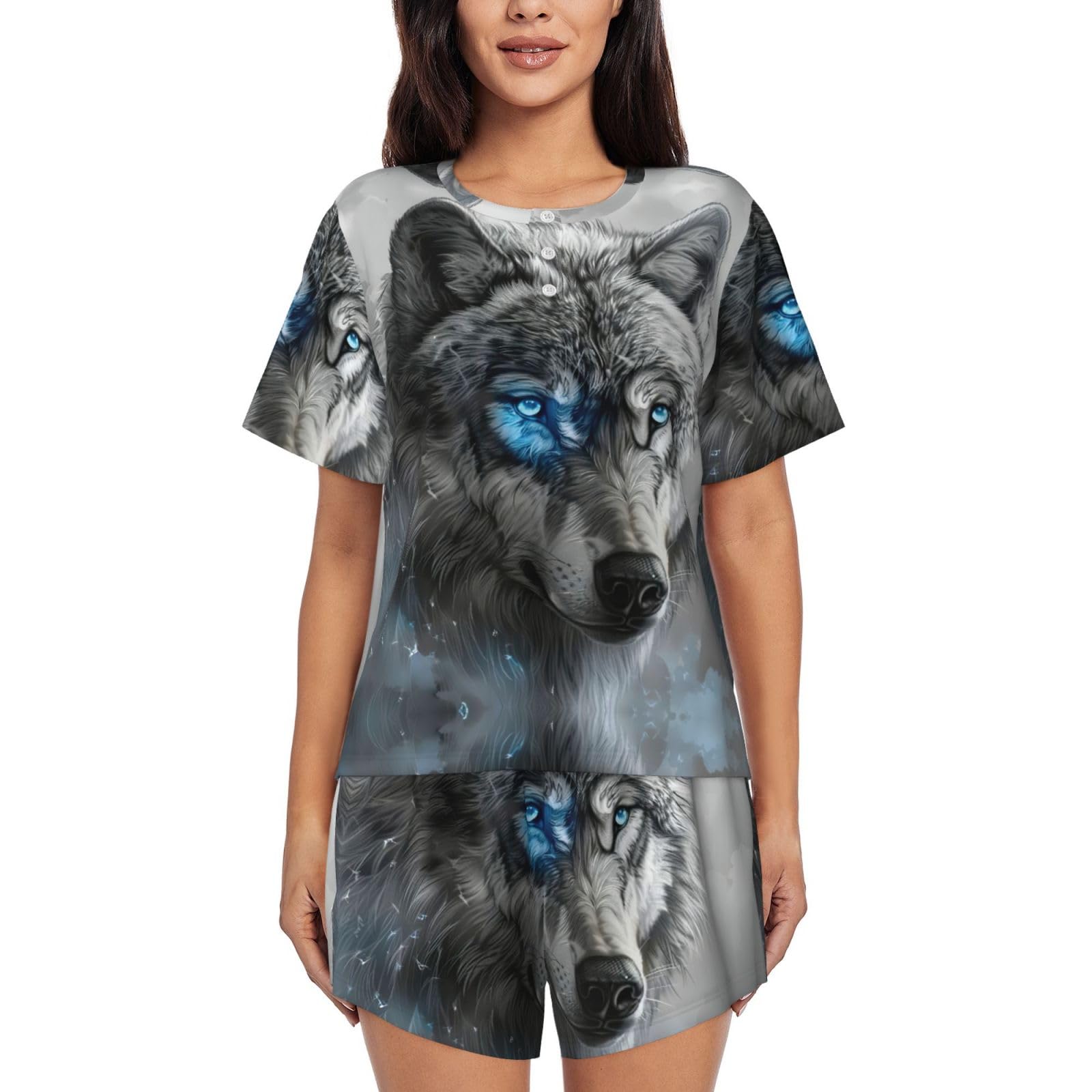 WURTON Blaue Augen, Wolf, blaue Augen, Wolf, kurzärmelig, Pyjama-Set für Damen, lässig, Rundhalsausschnitt, 2-teiliges Lounge-Set, Schwarz, XL