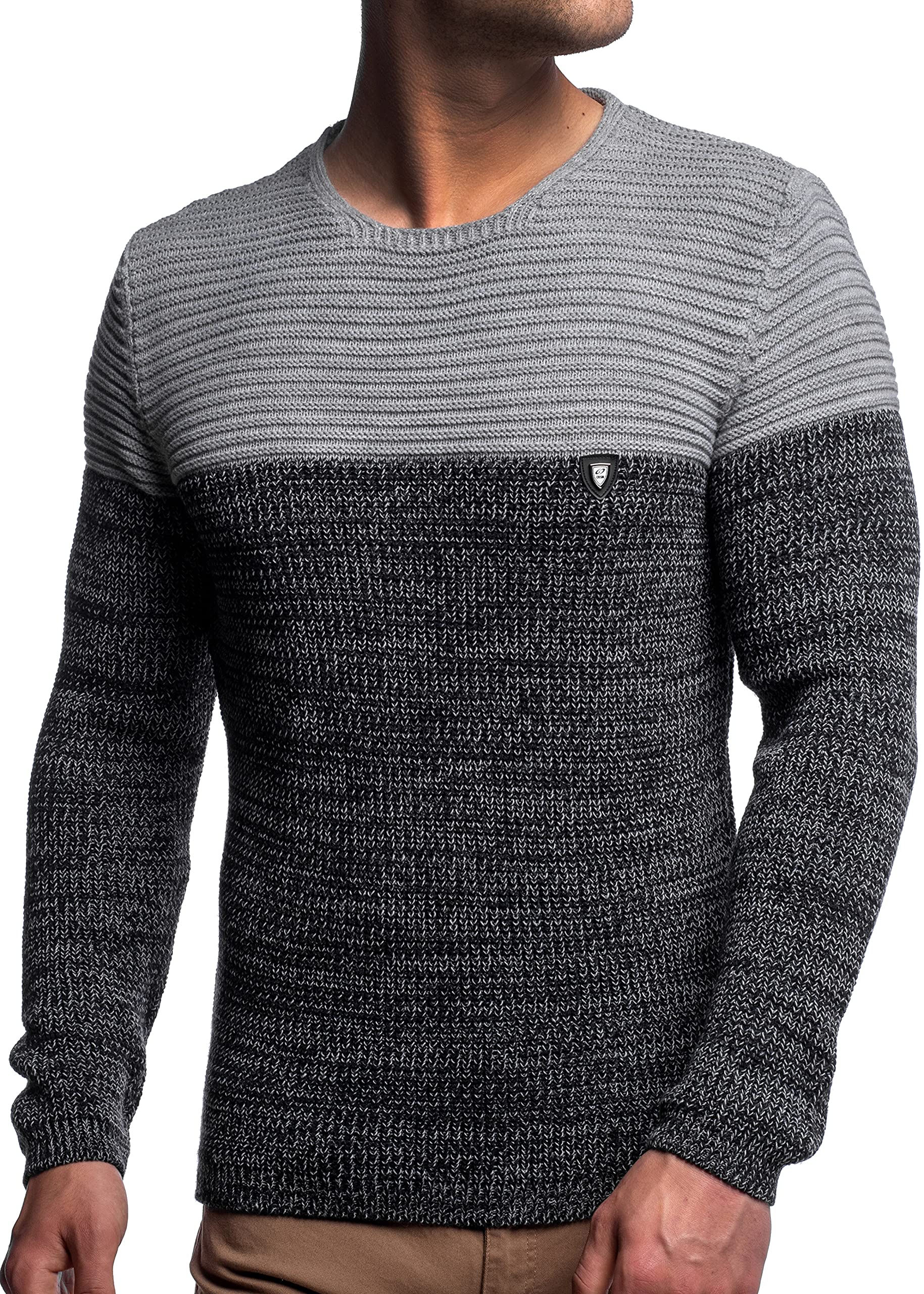 Herren Strick-Pullover Rundhals mit Logopatch | Männer Winter-Pullover |stylischer Herren Strick-Pulli | warmer Männer Pulli Grobstrick| Herren Basic Longsleeve Sweatshirt sweater K-114 Grey-Navy M