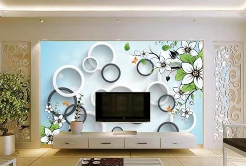 Geometrischer Schwarz-Weißer Kreis Weiße Blume Grünes Blatt 3D Tapete Poster Restaurant Schlafzimmer Wohnzimmer Sofa TV Dekorative Wand-430cm×300cm