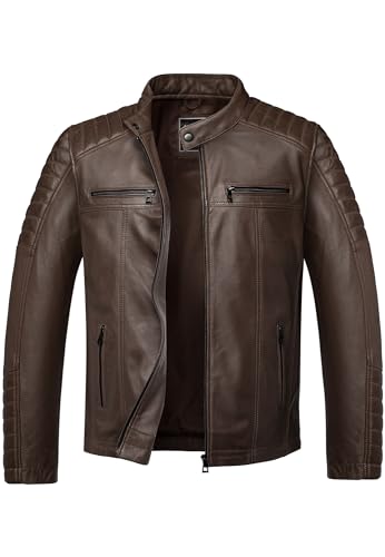 Amaci&Sons Herren Echtleder Jacke Biker Zipper Lederjacke 9104 Dunkelbraun L