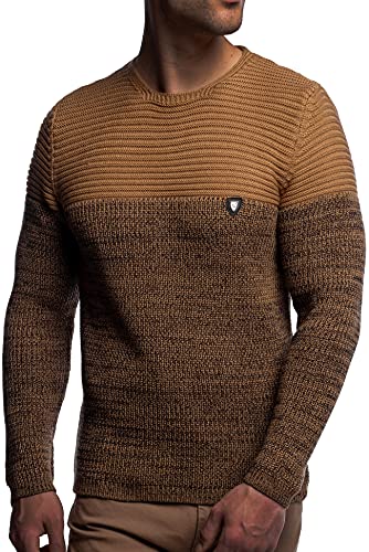 Herren Strick-Pullover Rundhals mit Logopatch | Männer Winter-Pullover |stylischer Herren Strick-Pulli | warmer Männer Pulli Grobstrick| Herren Basic Longsleeve Sweatshirt sweater K-114 Camel S