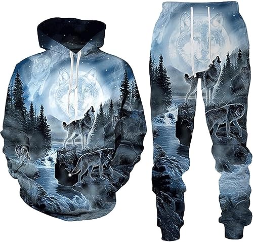 RIAAJ 3D Druckstile Wolf Herren Trainingsanzug,Hoodies+Lange Hose, Jogginganzug, 2-teiliges Set für Herren (4XL,A5)