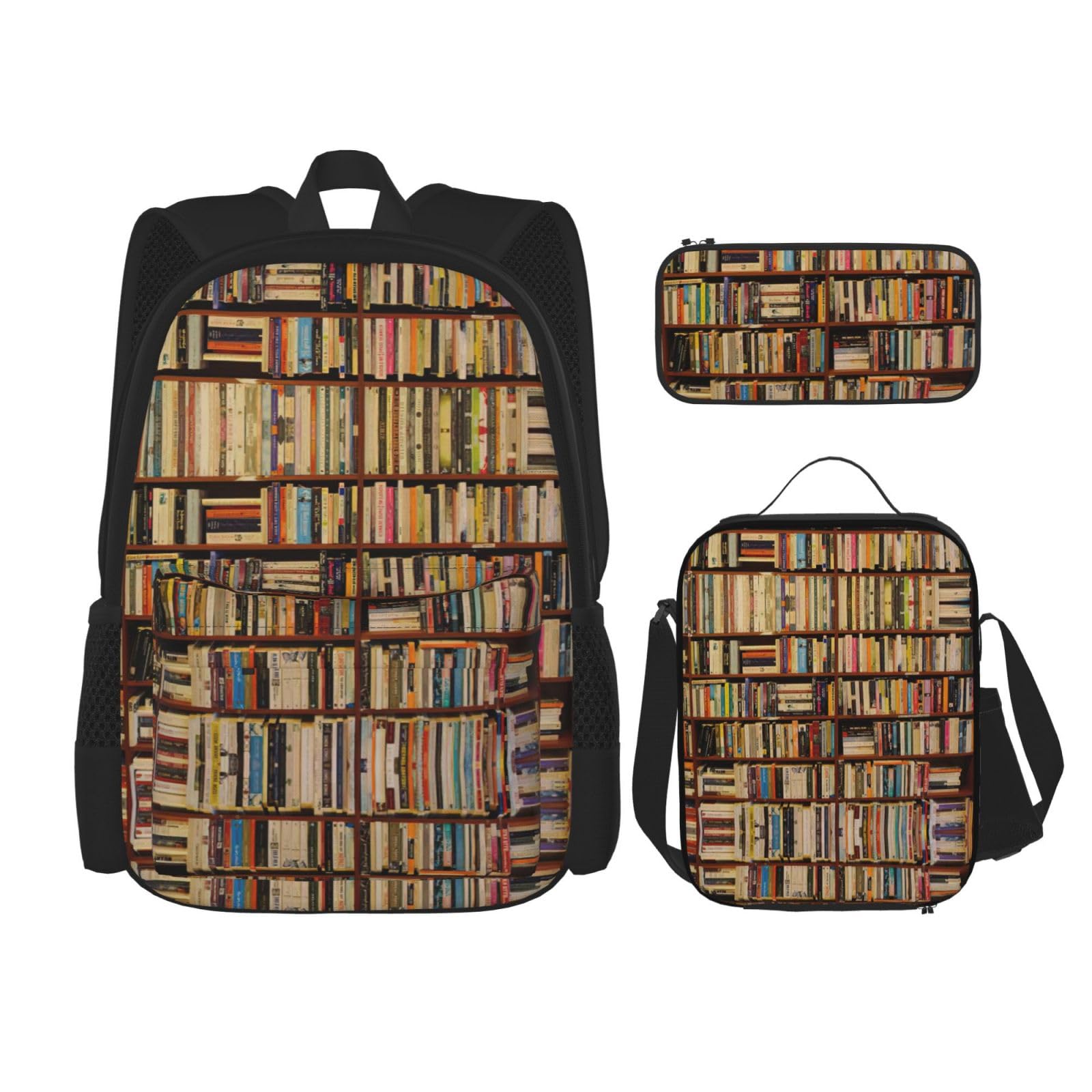 WURTON Ordentliches Bücherregal-Druck-Rucksack-Set, Schul-Büchertasche mit Lunchtasche, Federmäppchen, Kombination, Schultaschen-Set, Schwarz , Einheitsgröße