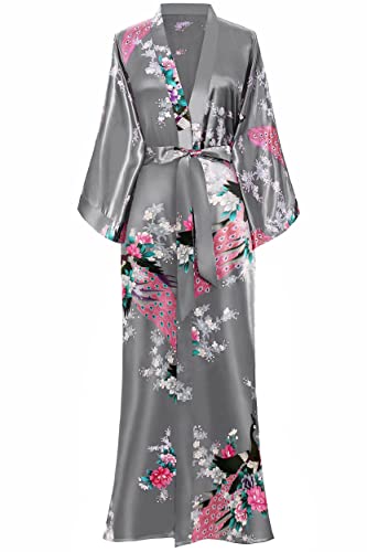 BABEYOND Damen Morgenmantel Maxi Lang Seide Satin Kimono Kleid Pfau Muster Kimono Bademantel Damen Lange Robe Schlafmantel Girl Pajama Party 135cm Lang (Silber Grau)