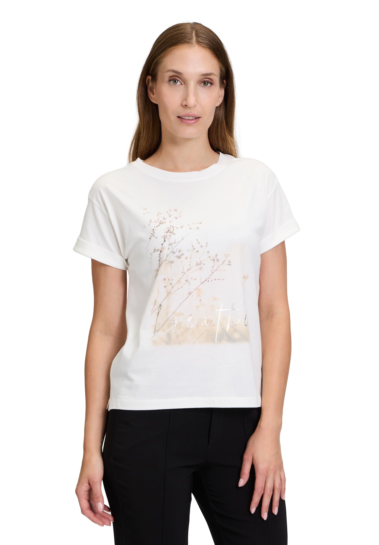 Cartoon Damen Printshirt mit Ärmelaufschlag Patch Cream/Gold,40