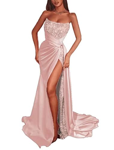 Glitzer-Pailletten-Abschlussballkleider, Meerjungfrauen-Schlitz, Satin, Abendkleid, glitzernd, Stretch mit Zug, Peach, 48