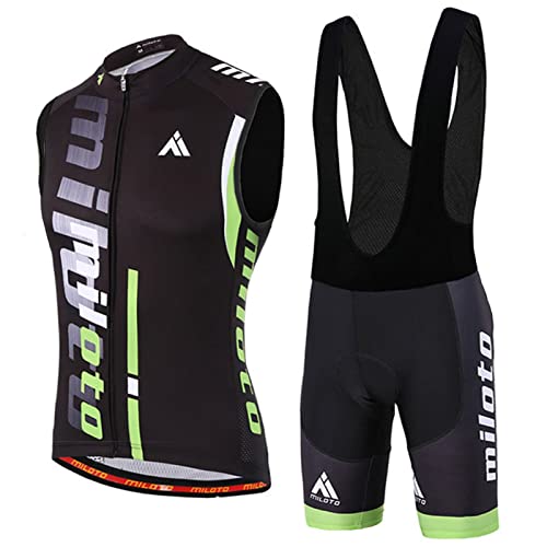 Fahrradtrikot Herren Sommer|Radweste Anzug Fahrradbekleidung Männer Ärmellos|Radtrikot Fahrradweste Set,Atmungsaktiv MTB Radsportanzug Sleeveless Oberteil und Radhose mit 19D Gel Sitzpolster(14,M)