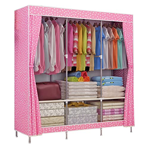 ZHANGshouf Tragbarer Canvas-Kleiderschrank, Stoffschränke mit Kleiderstange, Stoffbezug, Kleiderschrank-Aufbewahrungsorganizer für Kleidung, Schuhe, Pink-129x45x167cm