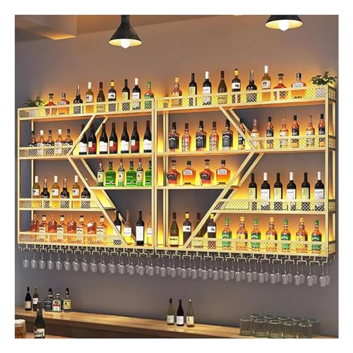 BFVAKBKYT Hängende industrielle runde Weinregale, An der Wand montiertes Weinregal mit LED-Licht, 4-stufiges multifunktionales Lagerregal for Küche, Zuhause, Bar, Café(Gold,240x20x123cm)