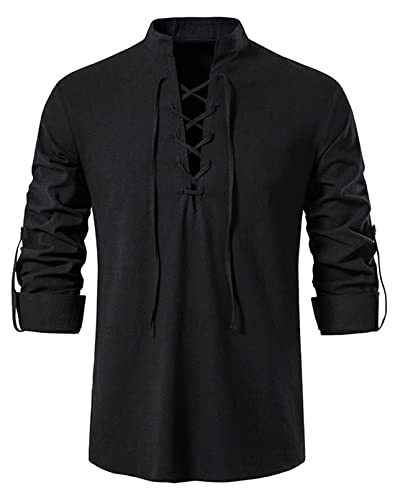 Idopy Herren Retro Lace Up Punk Renaissance Mittelalter Tops Pullover Henley Shirt, Schwarz , L