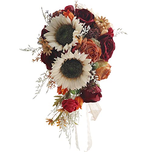 Yunnaty Vintage Sonnen Hochzeit Braut Strauß für Braut KüNstliche Burgunder Rose Cascading Rustic Toss Bouquet für Kirche